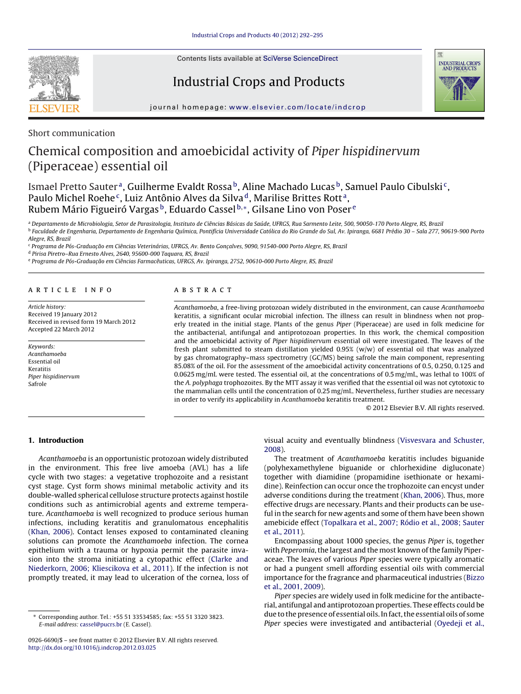 Chemical Composition and Amoebicidal Activity of Piper Hispidinervum (Piperaceae) Essential