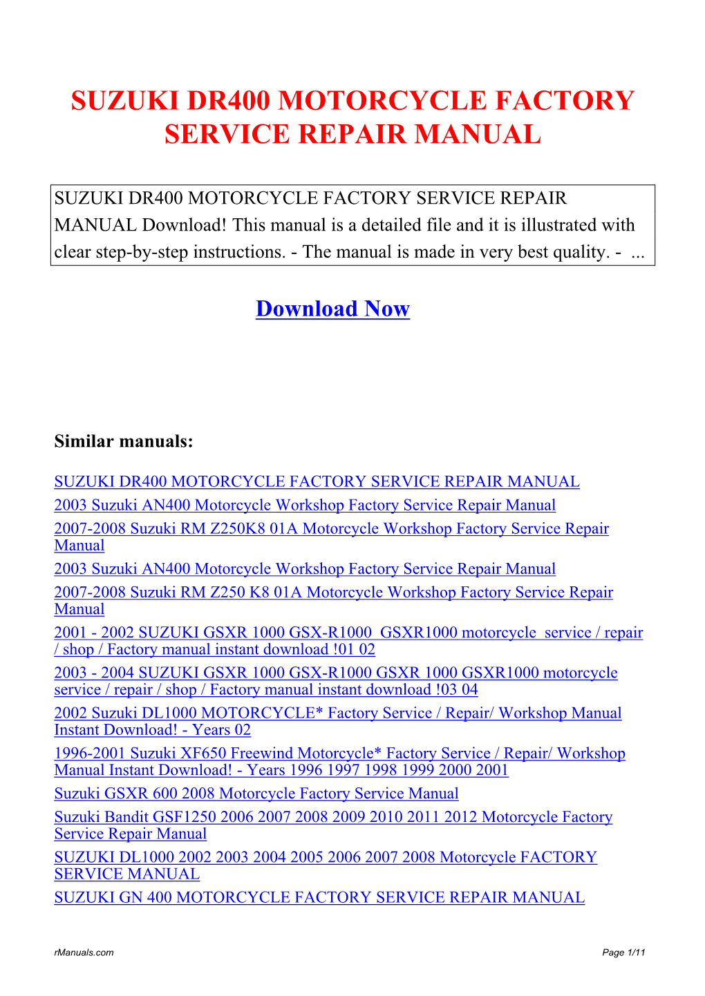 Suzuki Dr400 Motorcycle Factory Service Repair Manual