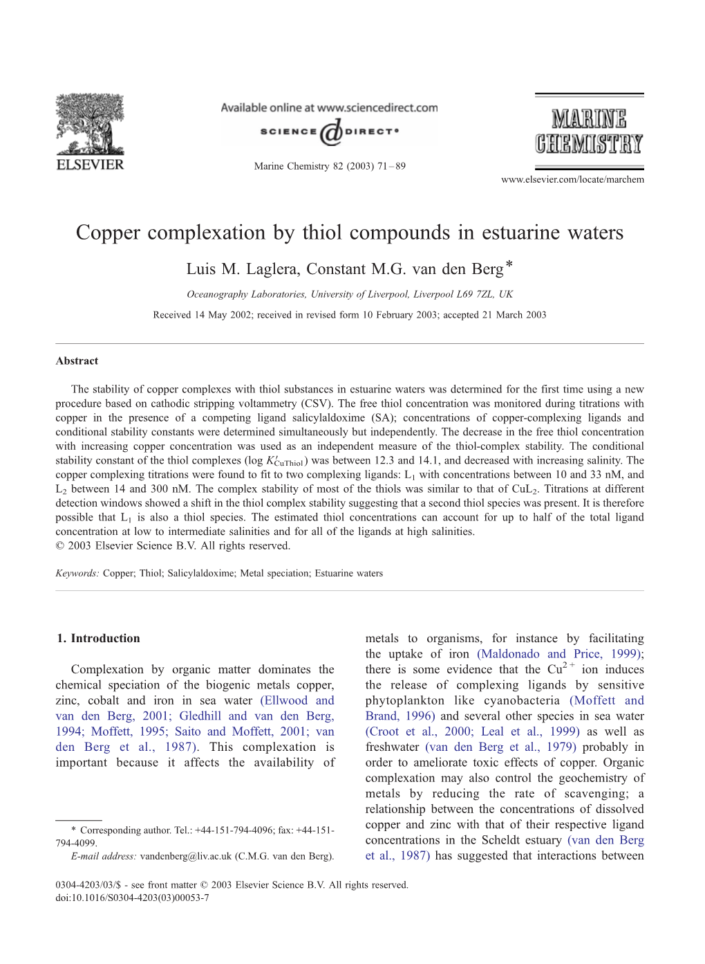 Copper Complexation by Thiol Compounds in Estuarine Waters