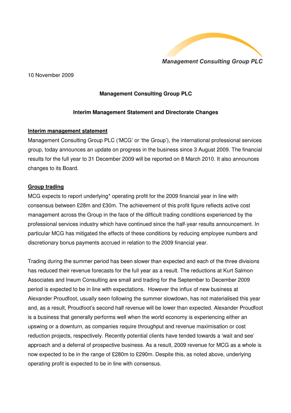 Interim Management Statement and Directorate Changes