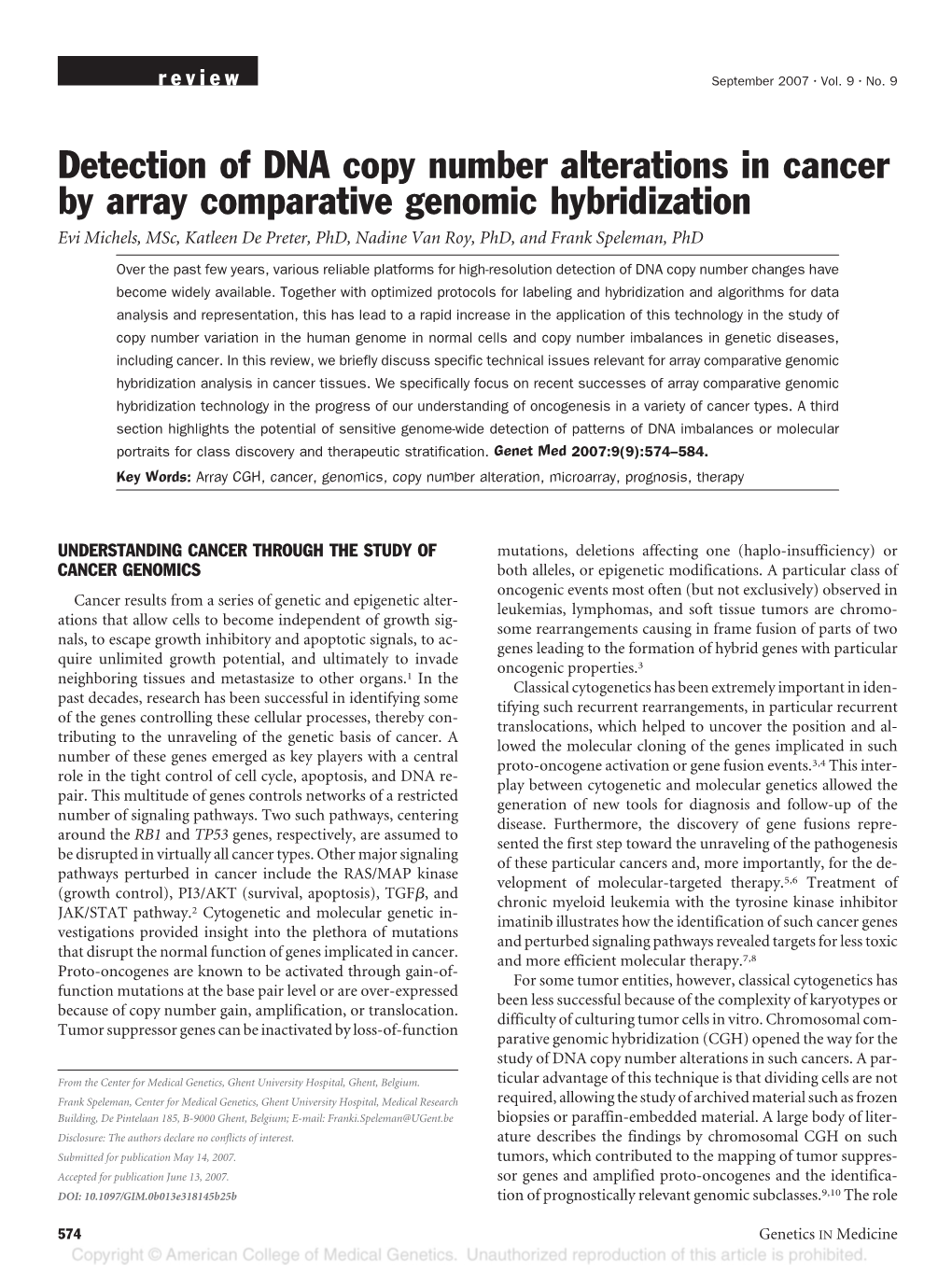 Detection of DNA Copy Number Alterations in Cancer by Array