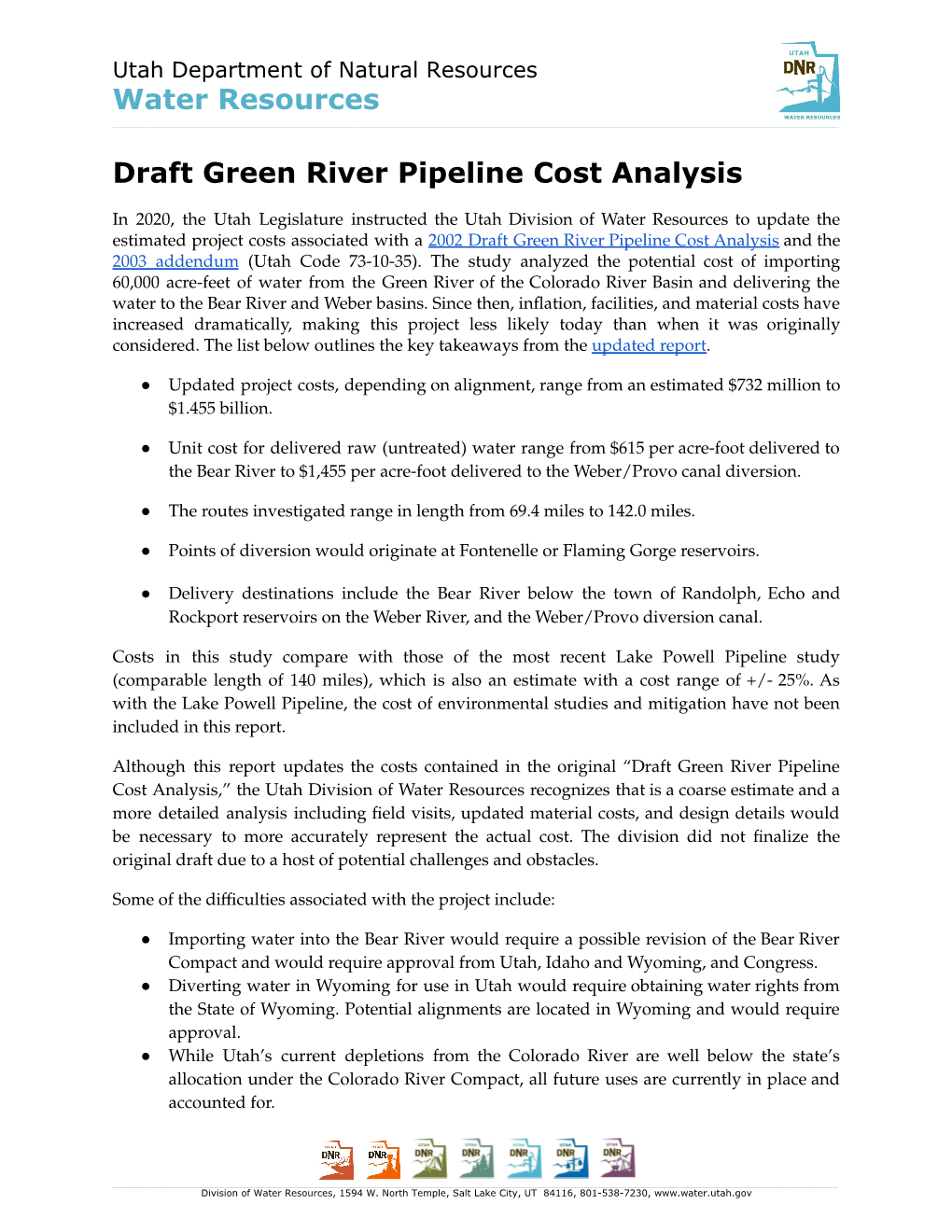 Water Resources Draft Green River Pipeline Cost Analysis