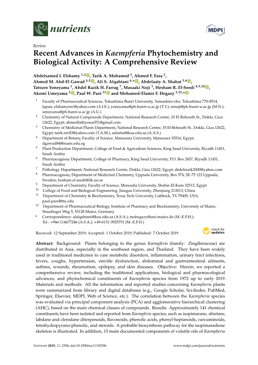 Recent Advances in Kaempferia Phytochemistry and Biological Activity: a Comprehensive Review