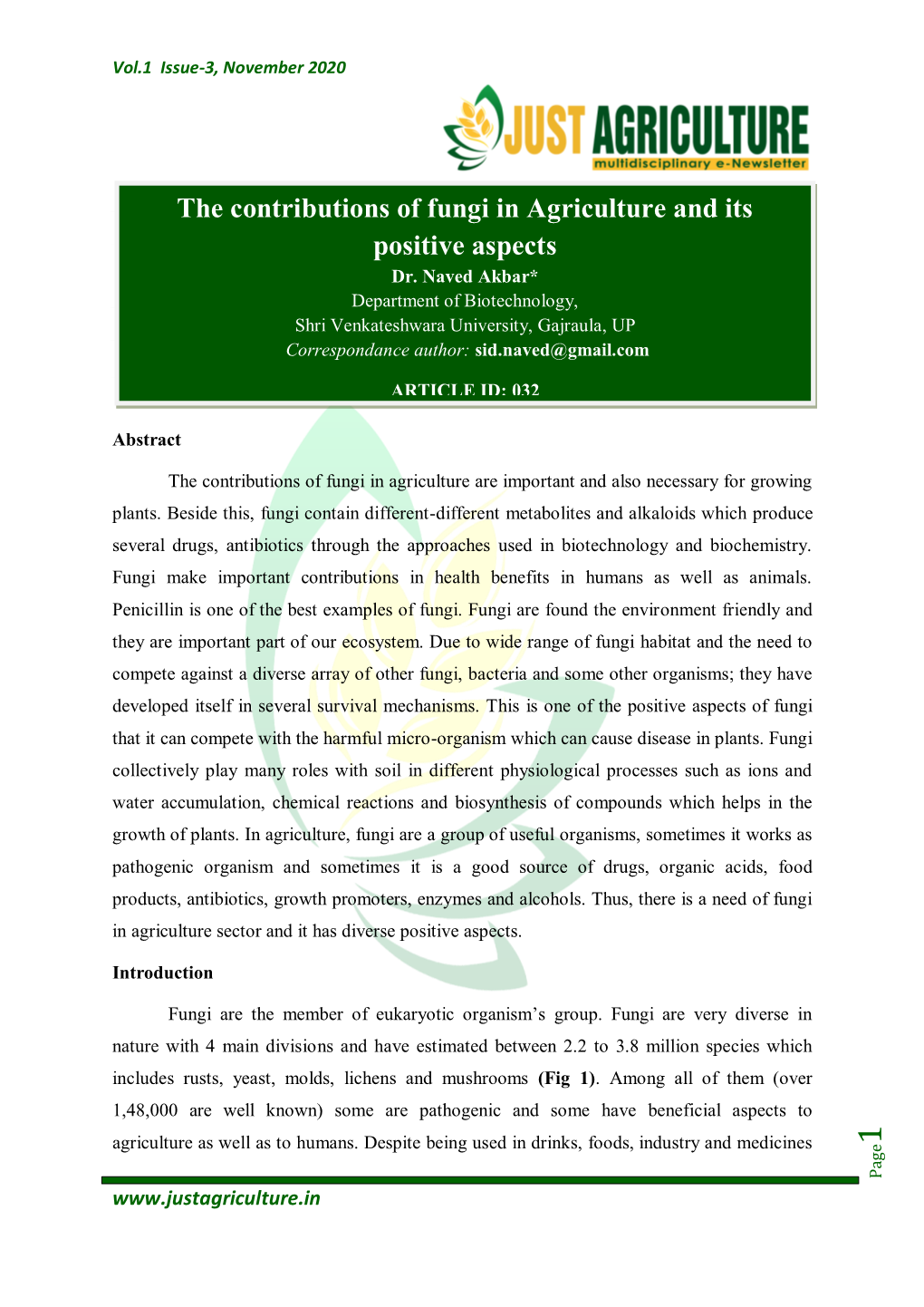 The Contributions of Fungi in Agriculture and Its Positive Aspects