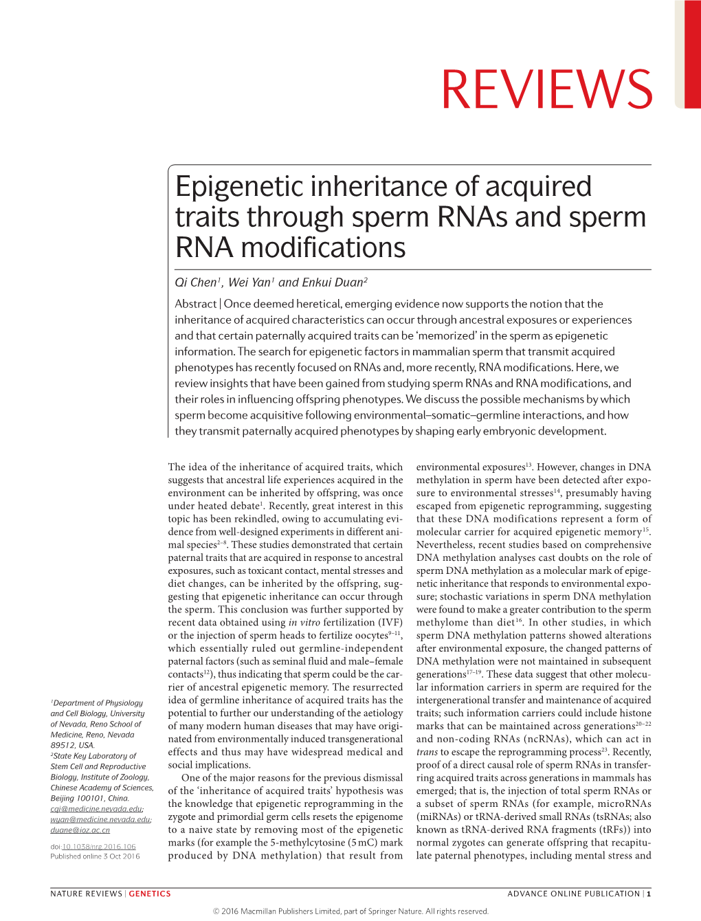 Epigenetic Inheritance of Acquired Traits Through Sperm Rnas and Sperm RNA Modifications