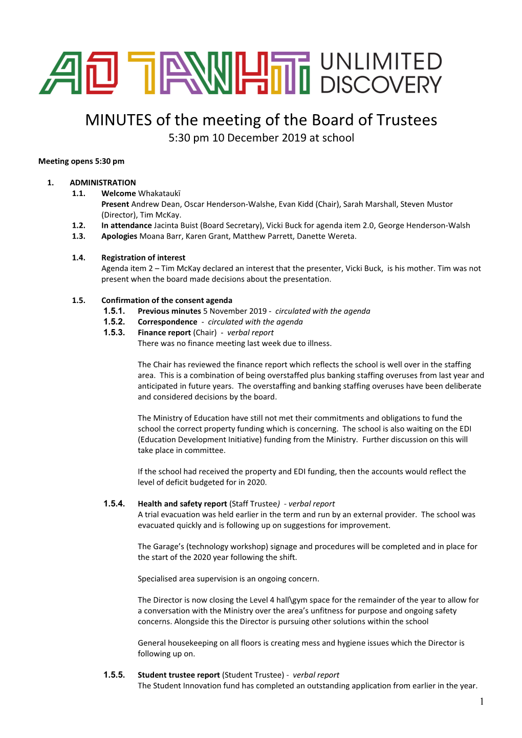 MINUTES of the Meeting of the Board of Trustees 5:30 Pm 10 December 2019 at School