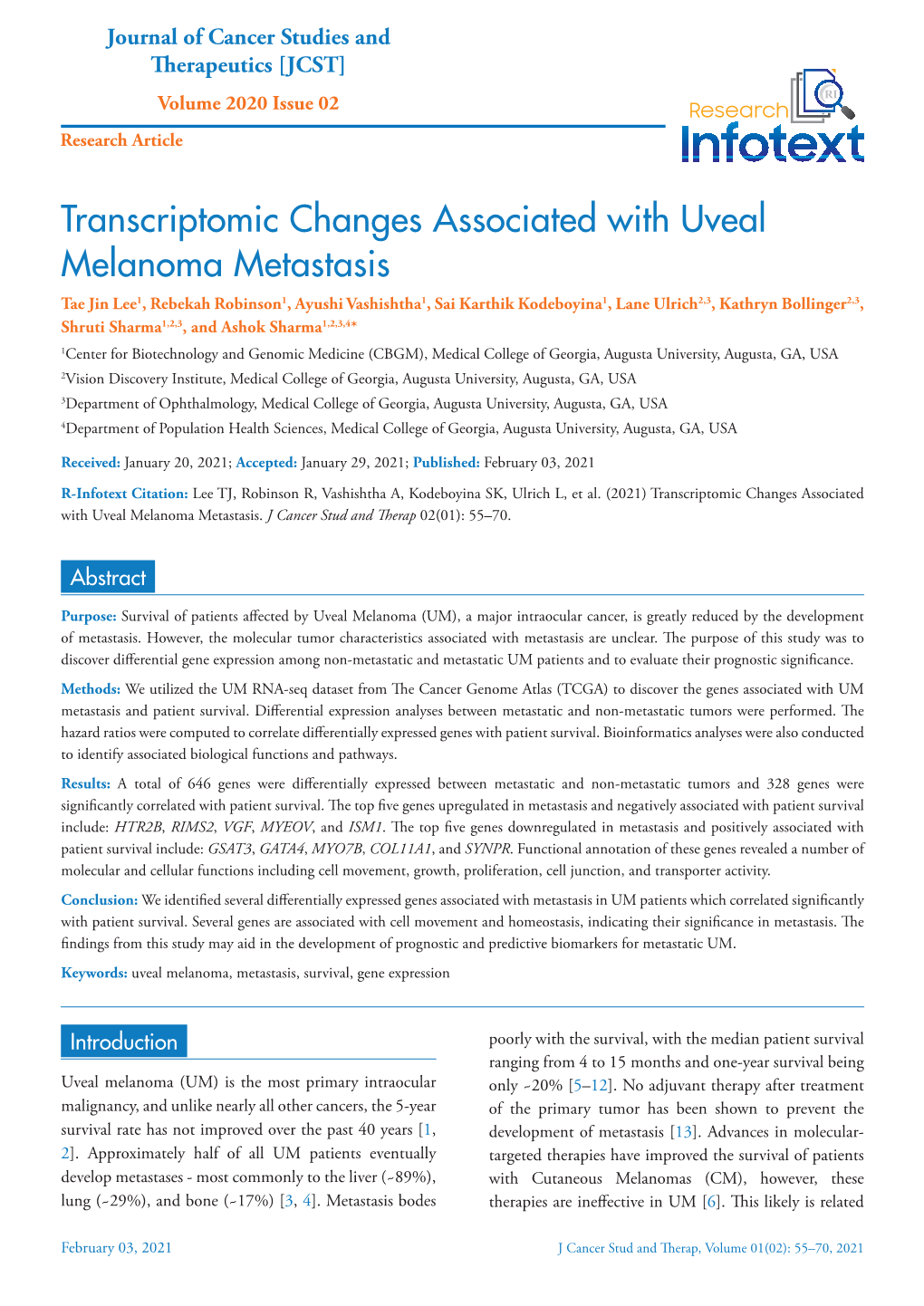 Transcriptomic Changes Associated with Uveal Melanoma Metastasis