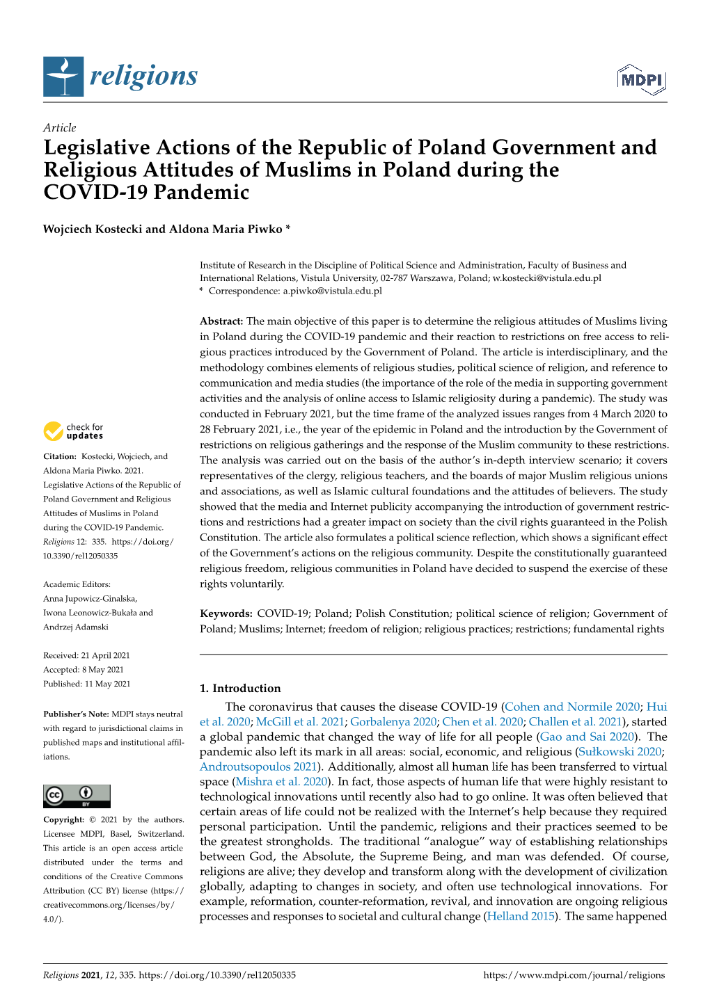 Legislative Actions of the Republic of Poland Government and Religious Attitudes of Muslims in Poland During the COVID-19 Pandemic