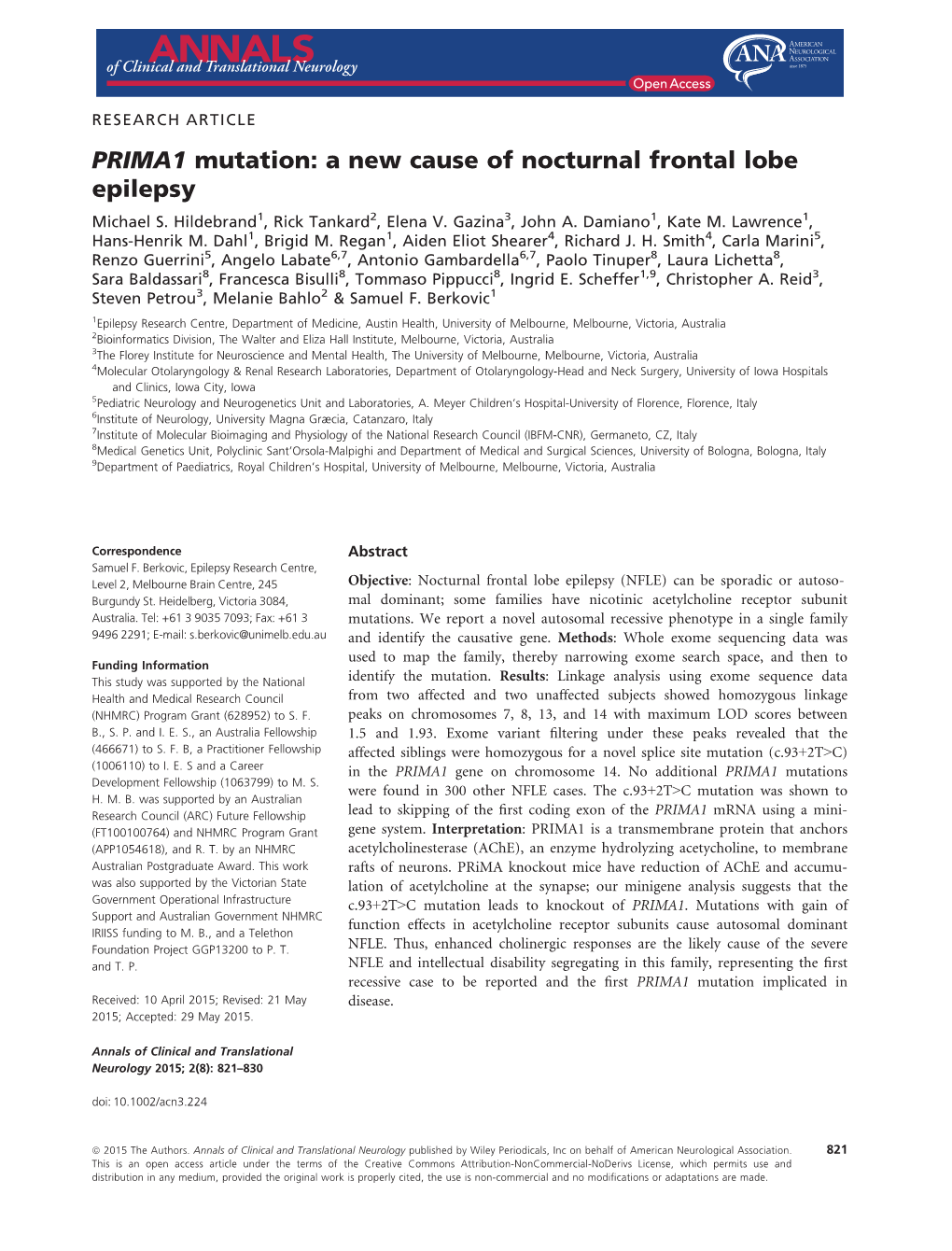 PRIMA1 Mutation: a New Cause of Nocturnal Frontal Lobe Epilepsy Michael S