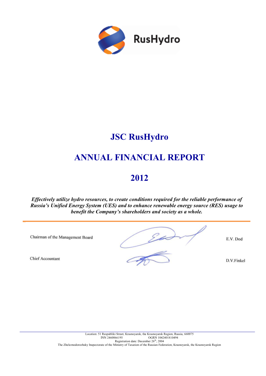 JSC Rushydro ANNUAL FINANCIAL REPORT 2012