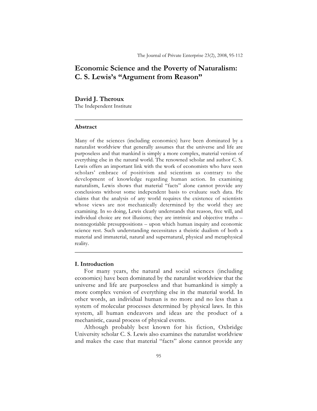 Economic Science and the Poverty of Naturalism: C. S. Lewis's “Argument from Reason”