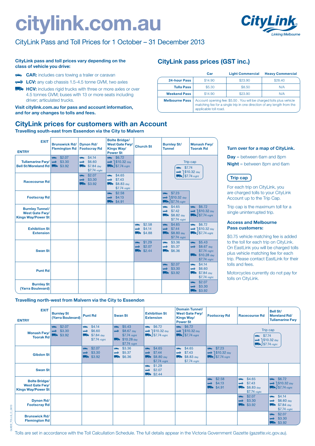 Citylink.Com.Au Citylink Pass and Toll Prices for 1 October – 31 December 2013