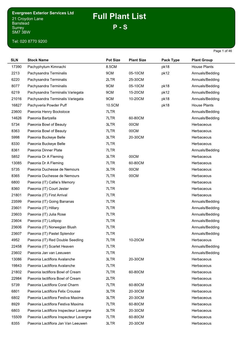 Full Plant List Banstead Surrey P - S SM7 3BW