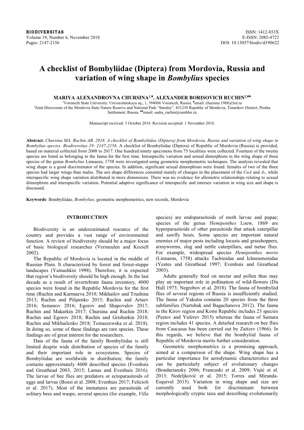 Diptera) from Mordovia, Russia and Variation of Wing Shape in Bombylius Species