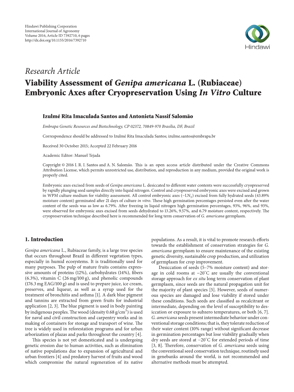 Viability Assessment of Genipa Americana L.(Rubiaceae