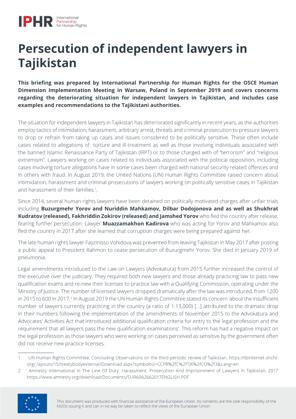 Persecution of Independent Lawyers in Tajikistan