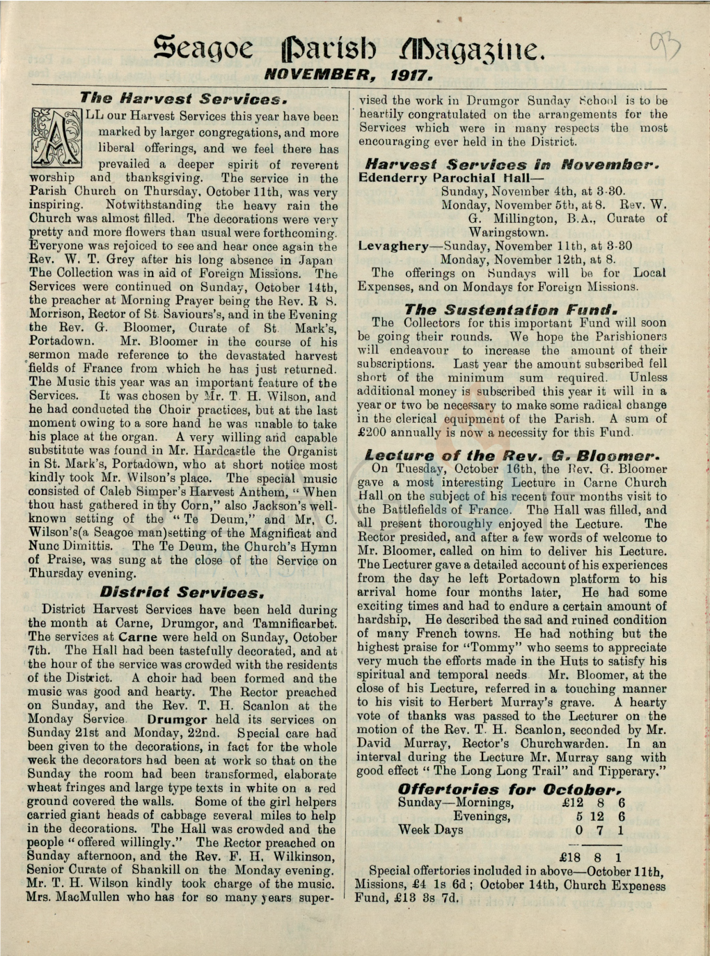 Seagoe Parish /Iftaga3íne. NOVEMBER , 191 7