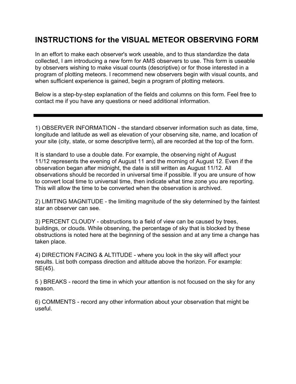 INSTRUCTIONS for the VISUAL METEOR OBSERVING FORM