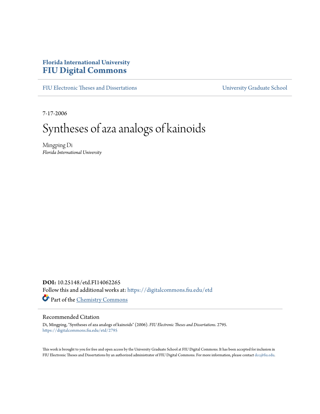 Syntheses of Aza Analogs of Kainoids Mingping Di Florida International University