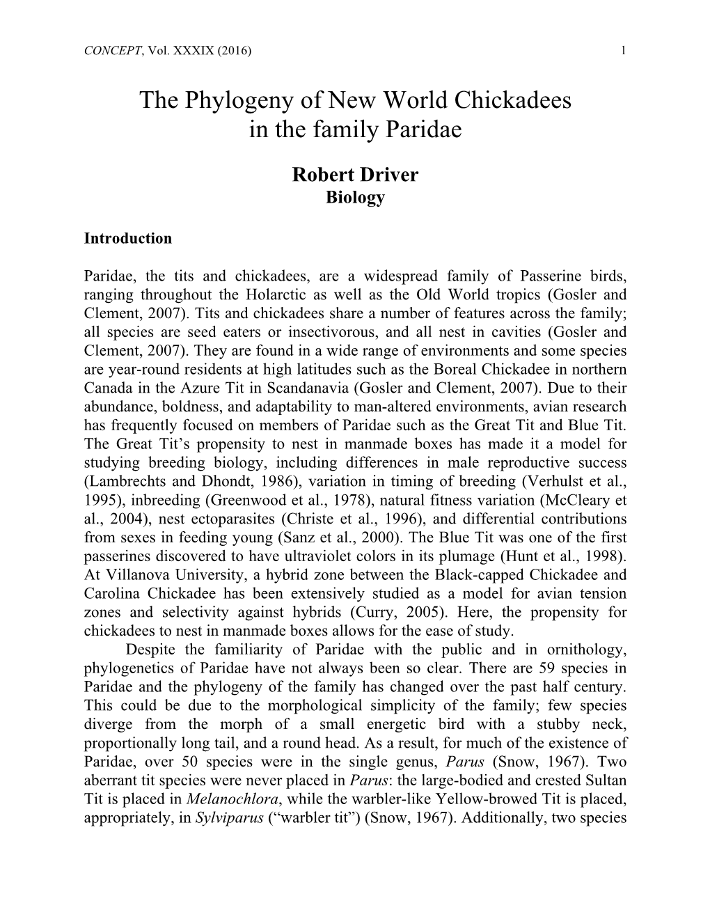 The Phylogeny of New World Chickadees in the Family Paridae