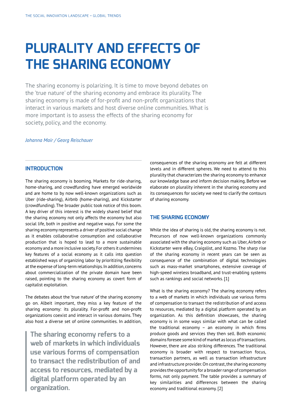 Plurality and Effects of the Sharing Economy