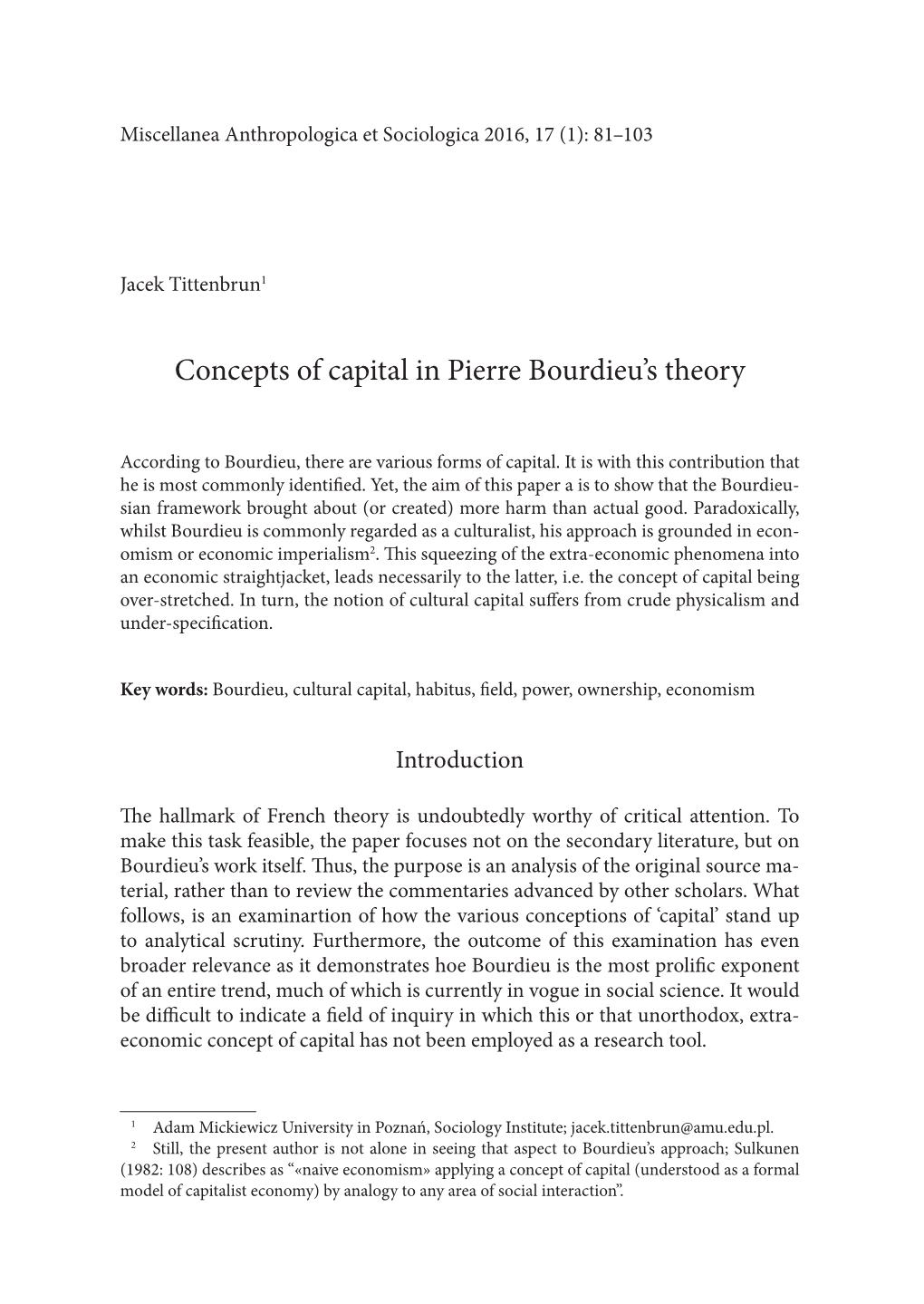 Concepts of Capital in Pierre Bourdieu's Theory