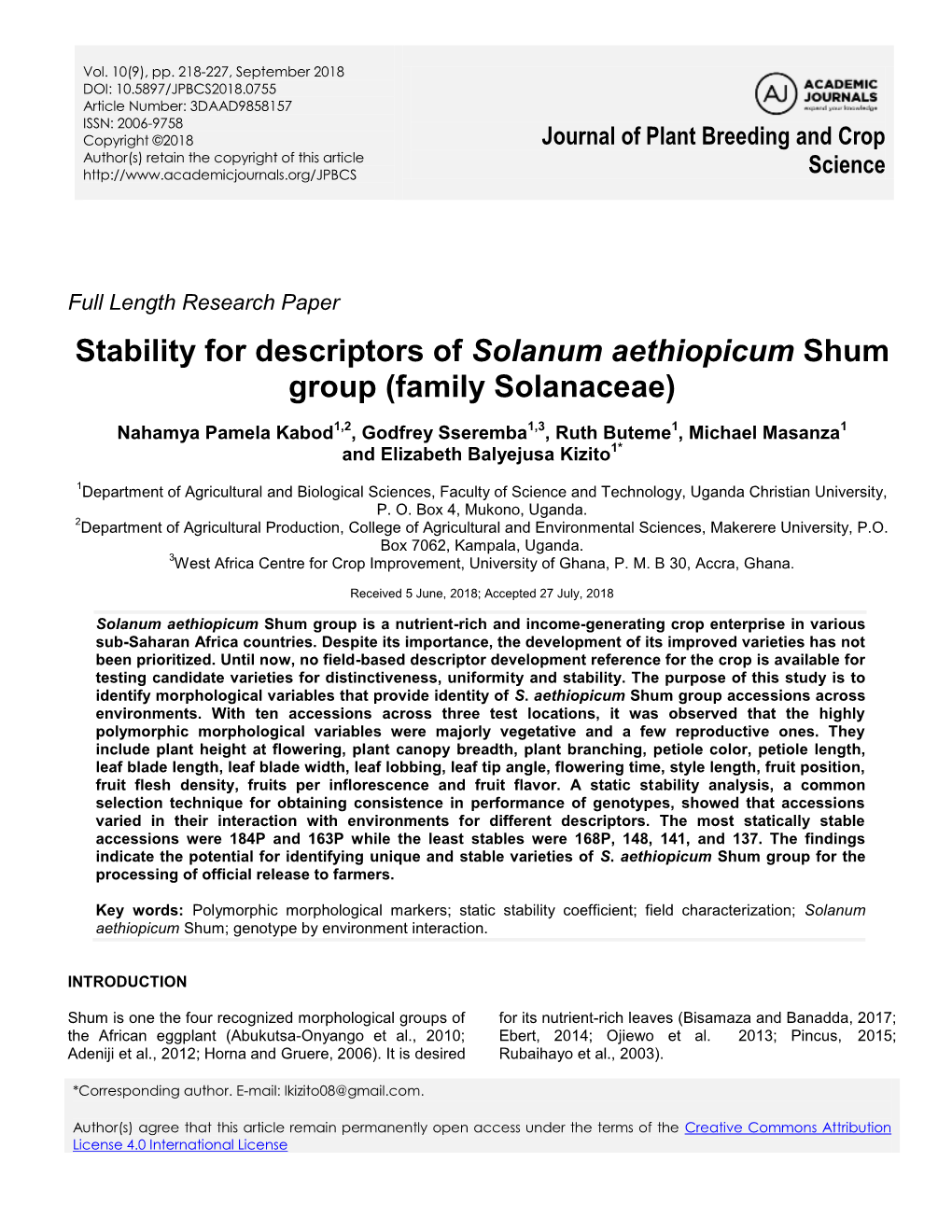 Stability for Descriptors of Solanum Aethiopicum Shum Group (Family Solanaceae)