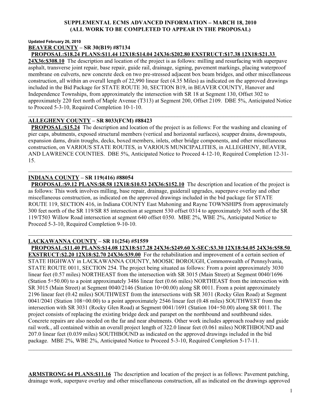 Supplemental Ecms Advanced Information – March 18, 2010 (All Work to Be Completed to Appear in the Proposal)