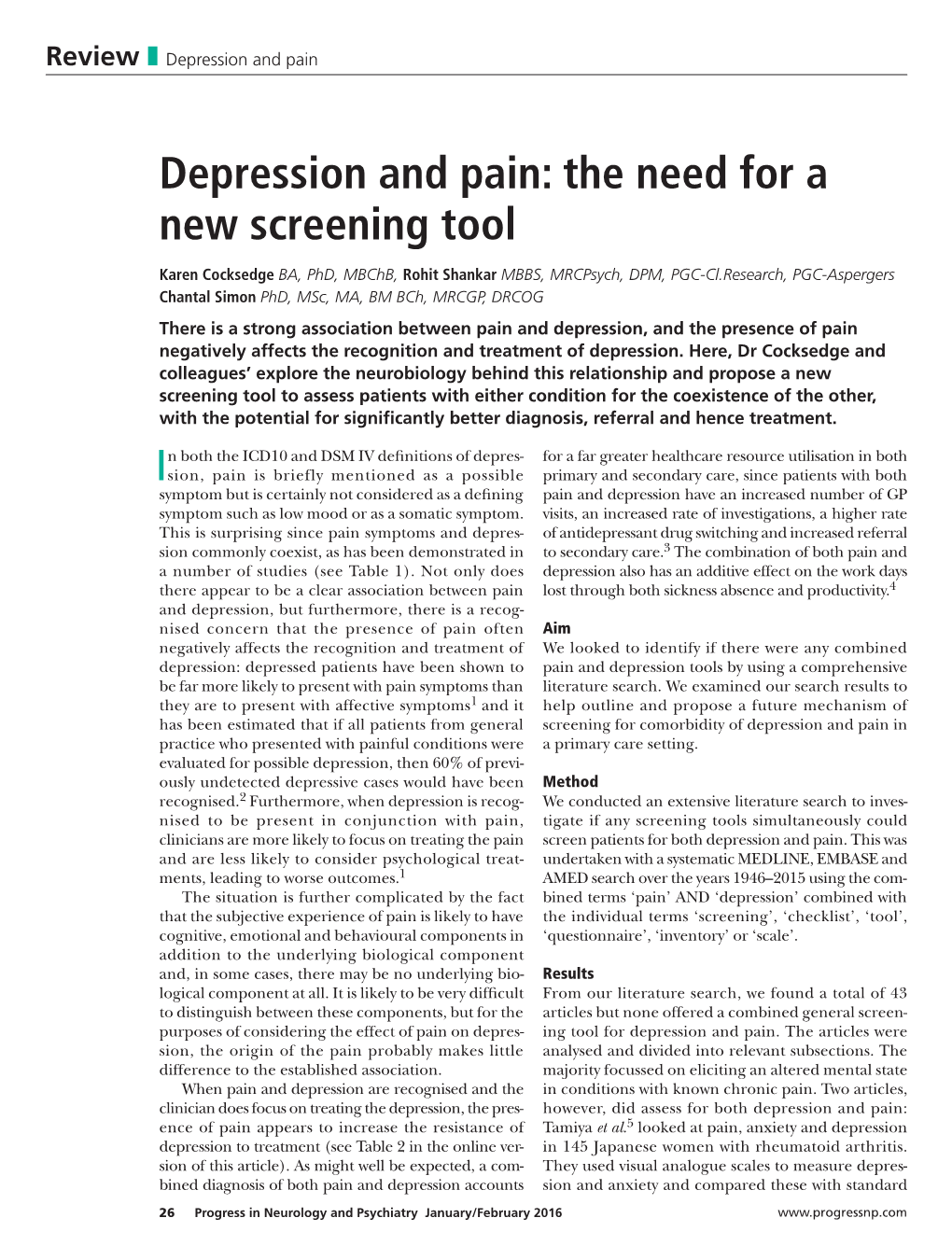 Depression and Pain: the Need for a New Screening Tool