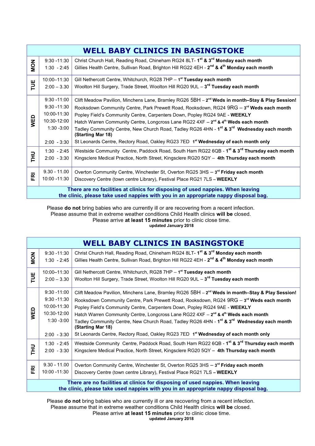 WELL BABY CLINICS in BASINGSTOKE 9:30 -11:30 Christ Church Hall, Reading Road, Chineham RG24 8LT- 1St & 3Rd Monday Each Month