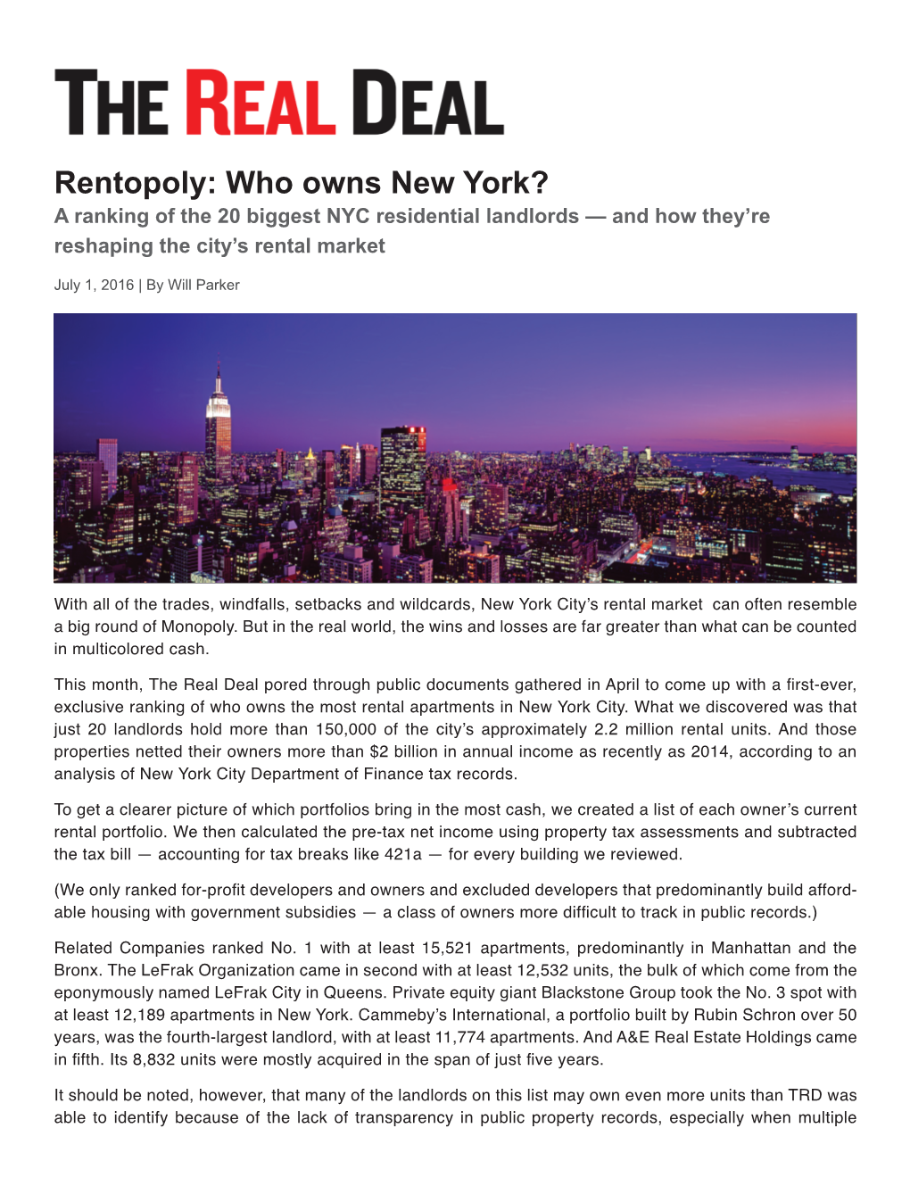 Rentopoly: Who Owns New York? a Ranking of the 20 Biggest NYC Residential Landlords — and How They’Re Reshaping the City’S Rental Market