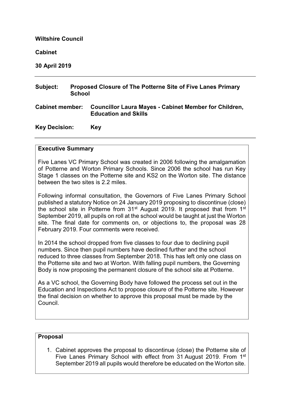 Proposed Closure of the Potterne Site of Five Lanes Primary School