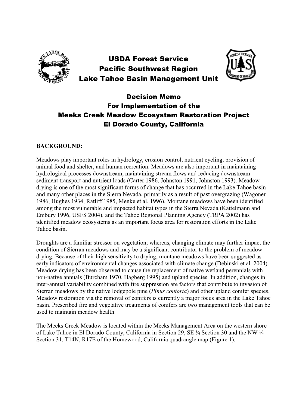 Meeks Creek Meadow Ecosystem Restoration Project Decision Memo