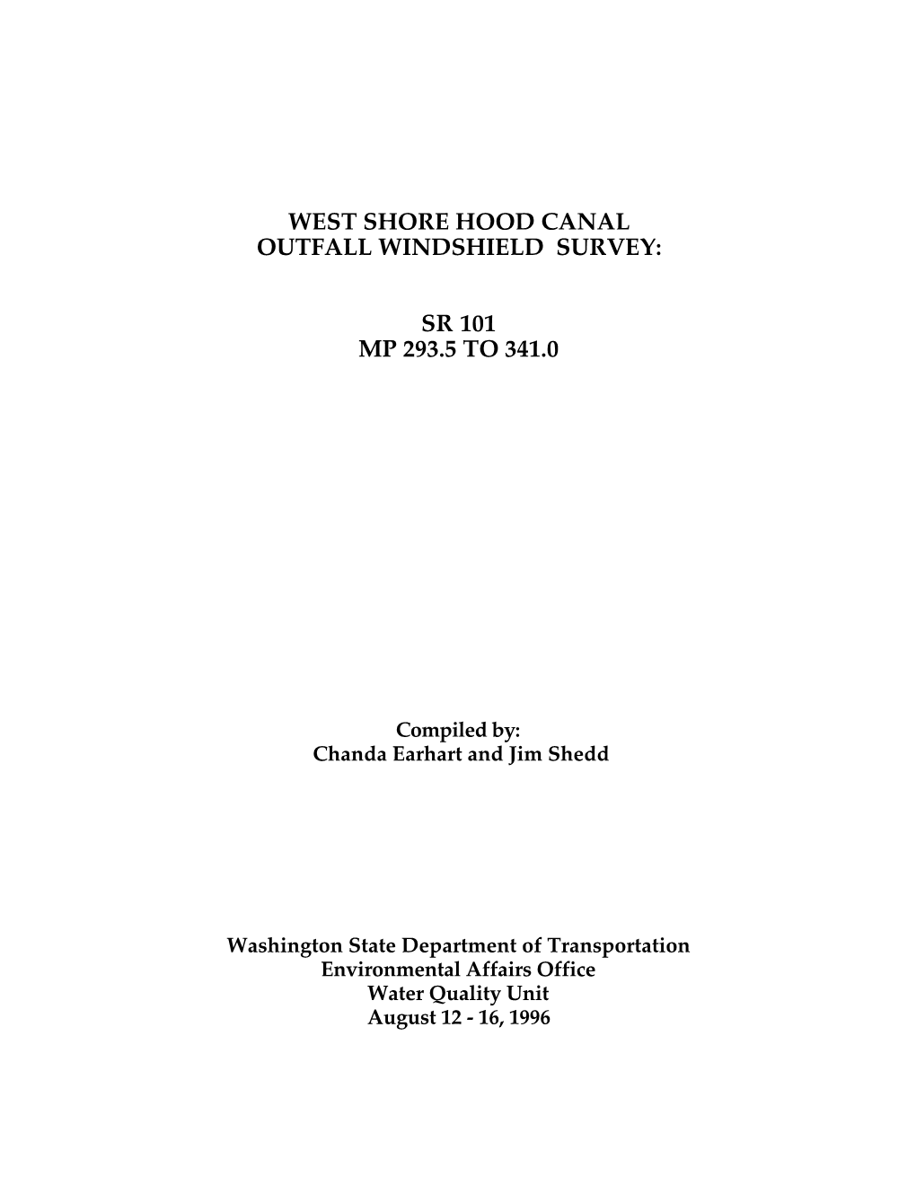 West Shore Hood Canal Outfall Windshield Survey: Sr 101 Mp 293.5 to 341.0