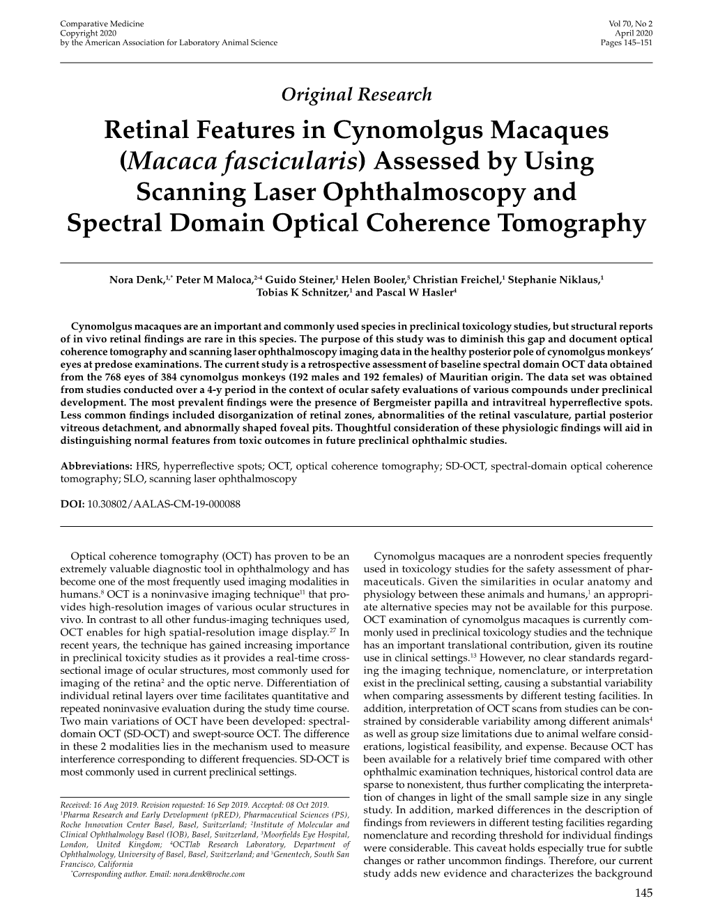 Retinal Features in Cynomolgus Macaques (&lt;I