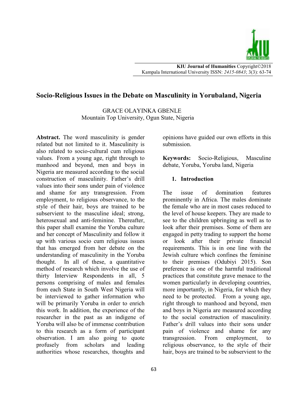 Socio-Religious Issues in the Debate on Masculinity in Yorubaland, Nigeria