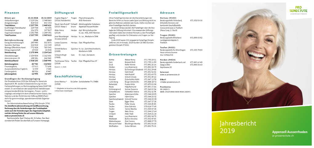 Jahresbericht 2019 Appenzell Ausserrhoden Ar.Prosenectute.Ch Vorwort Präsidentin Beratungen Hilfen Zu Hause Gesundheitsförderung Kurse, Gruppen, Vorträge Projekte