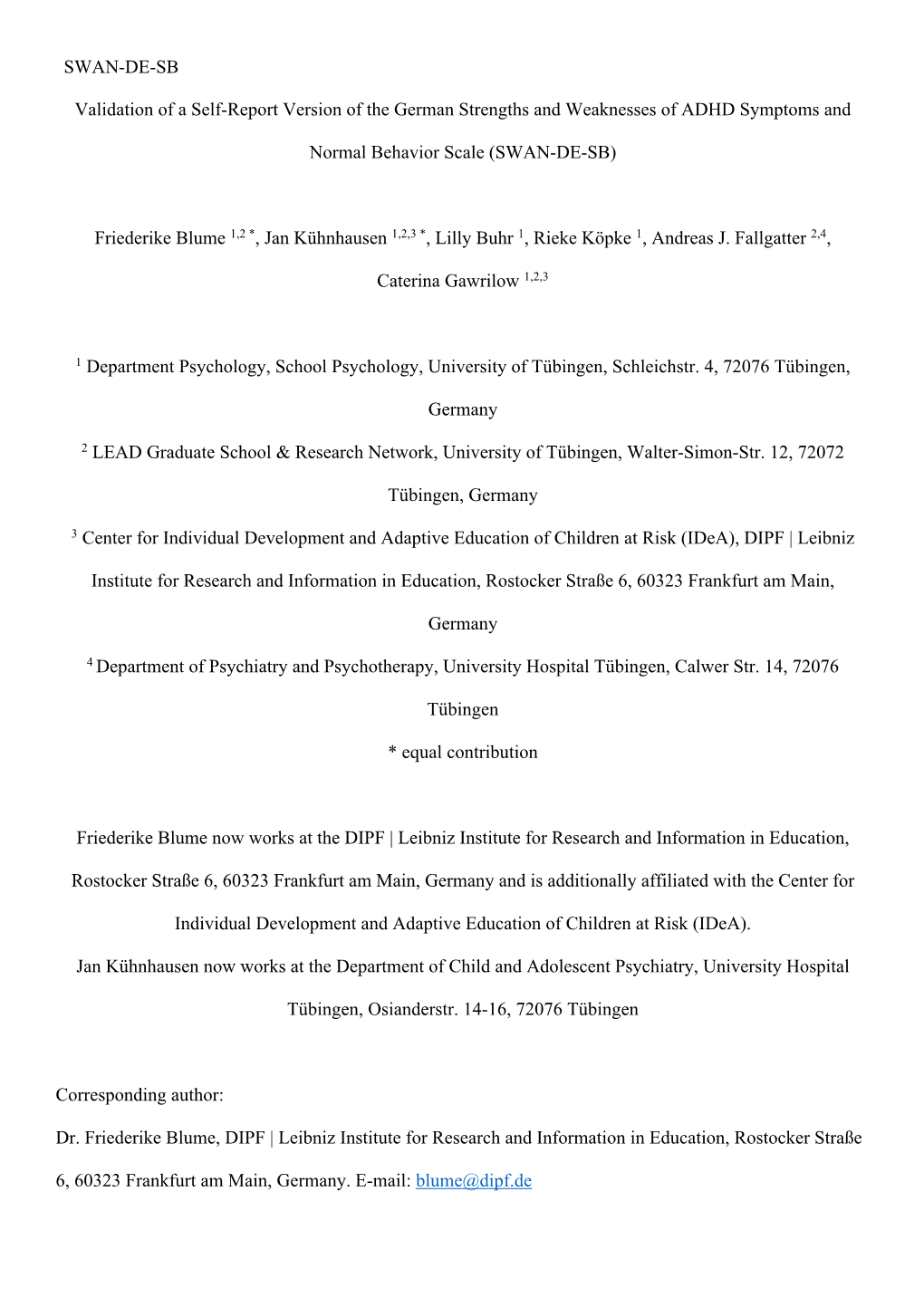 SWAN-DE-SB Validation of a Self-Report Version of the German Strengths and Weaknesses of ADHD Symptoms and Normal Behavior Scale