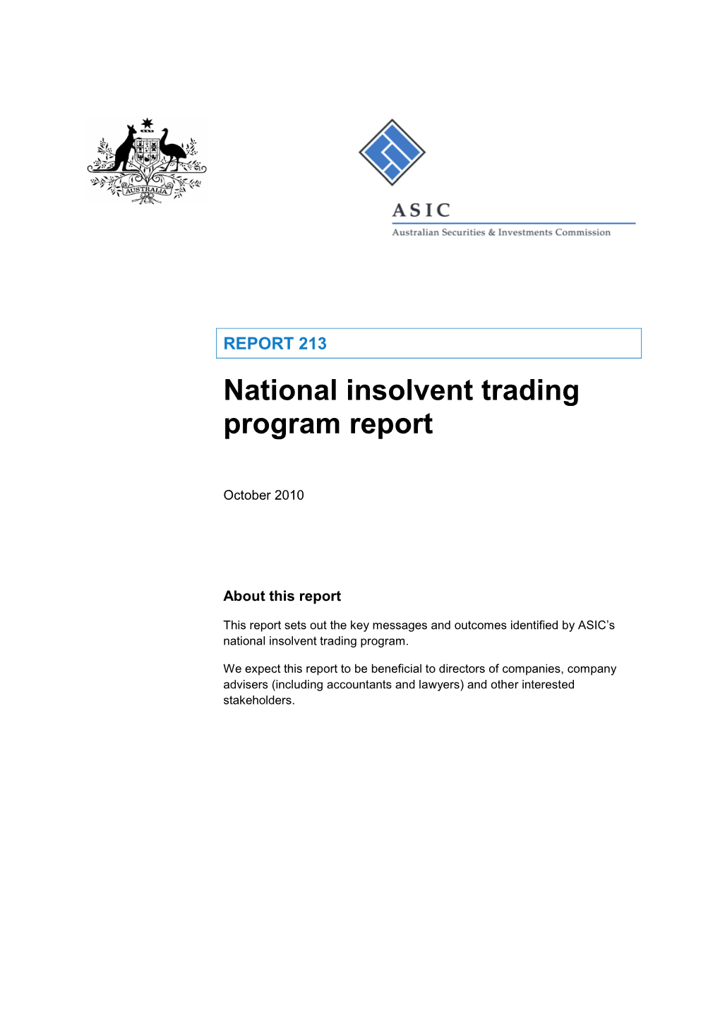 Report REP 213 National Insolvent Trading Program Report
