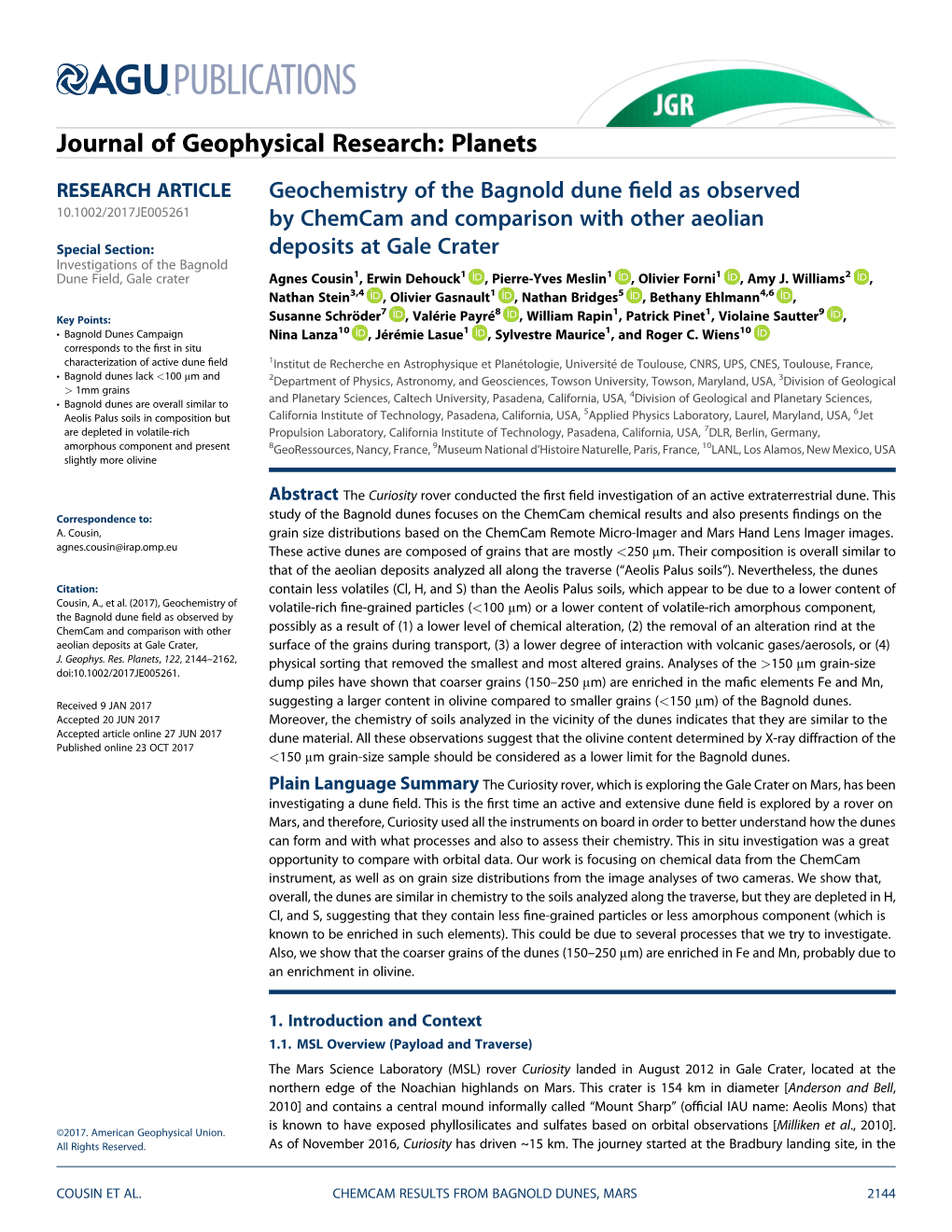 Geochemistry of the Bagnold Dune Field As Observed by Chemcam And