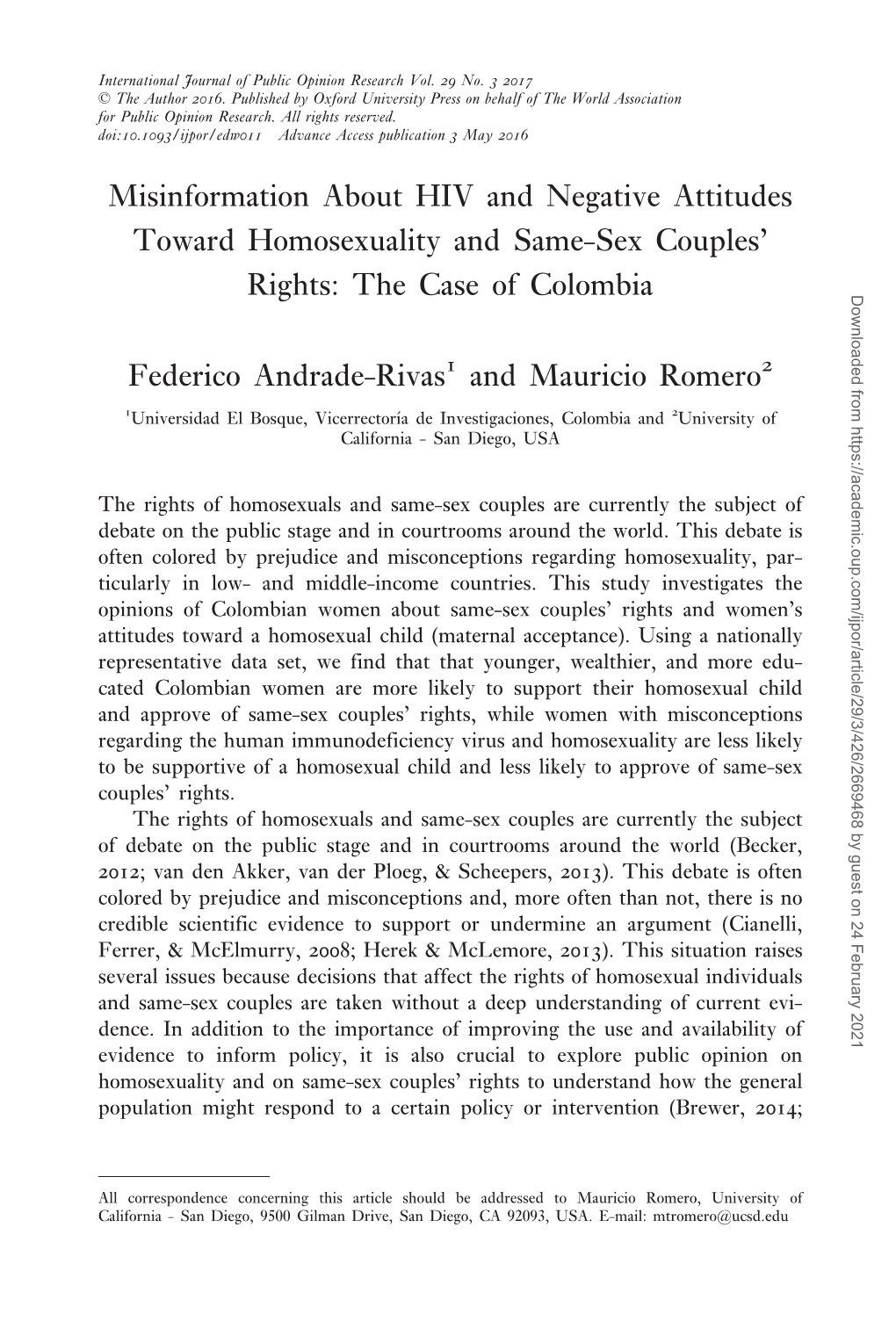 Misinformation About HIV and Negative Attitudes Toward Homosexuality and Same-Sex Couples' Rights