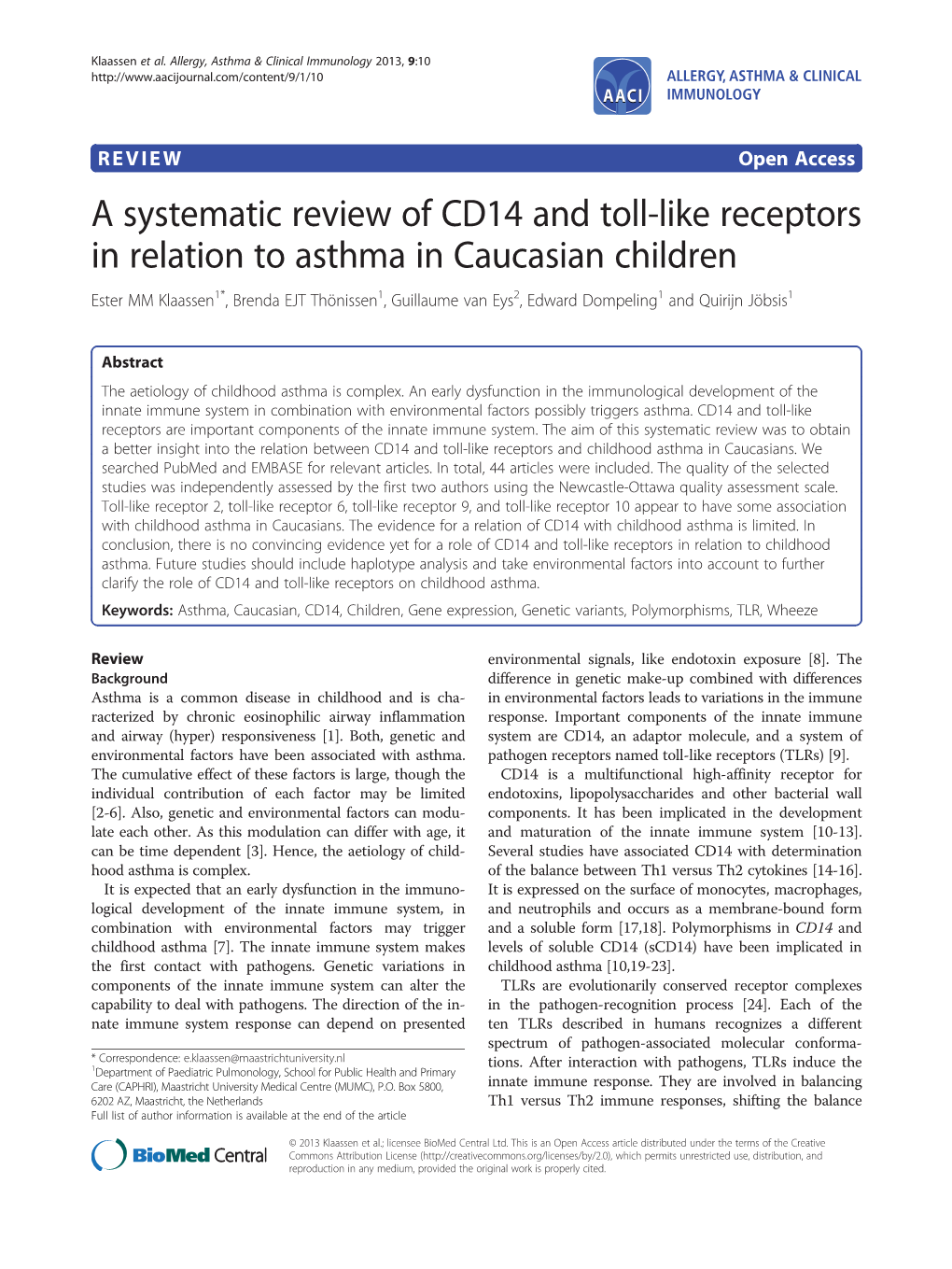 A Systematic Review of CD14 and Toll-Like Receptors in Relation To