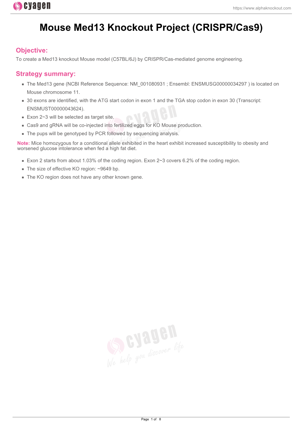 Mouse Med13 Knockout Project (CRISPR/Cas9)