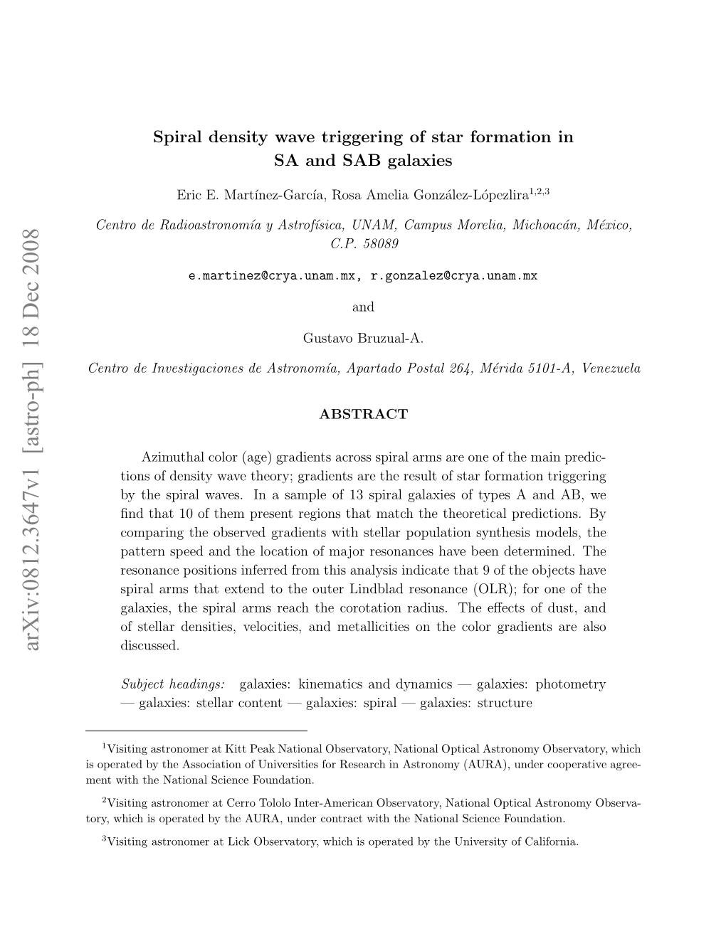 Arxiv:0812.3647V1 [Astro-Ph] 18 Dec 2008 Soeae Yteascaino Nvriisfrrsac Nastro Foundation