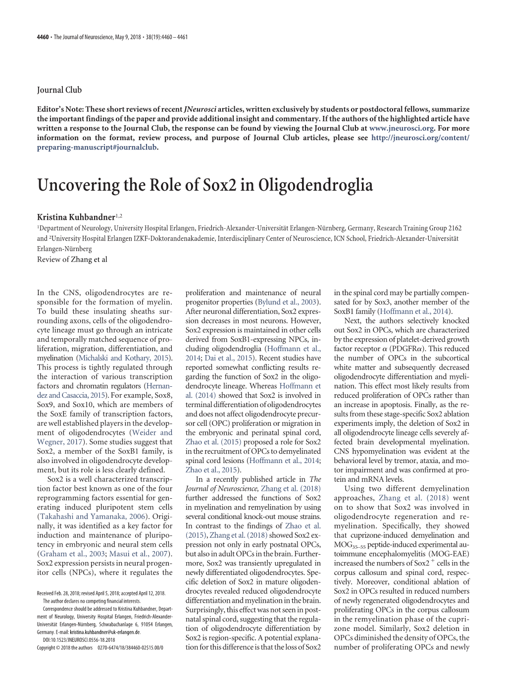 Uncovering the Role of Sox2 in Oligodendroglia