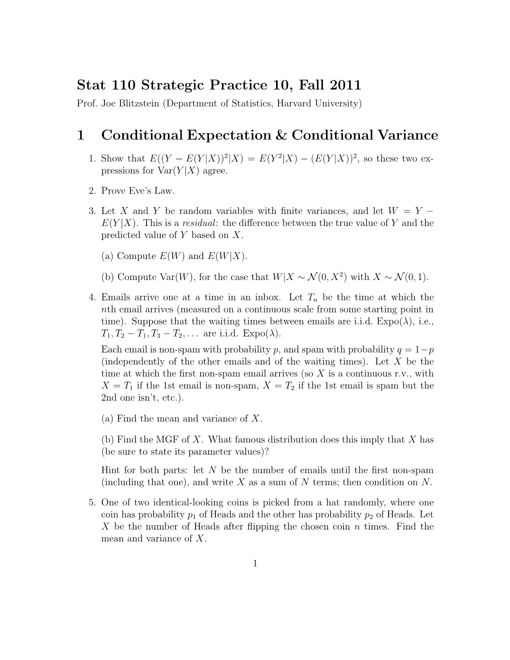 Stat 110 Strategic Practice 10, Fall 2011 1 Conditional Expectation