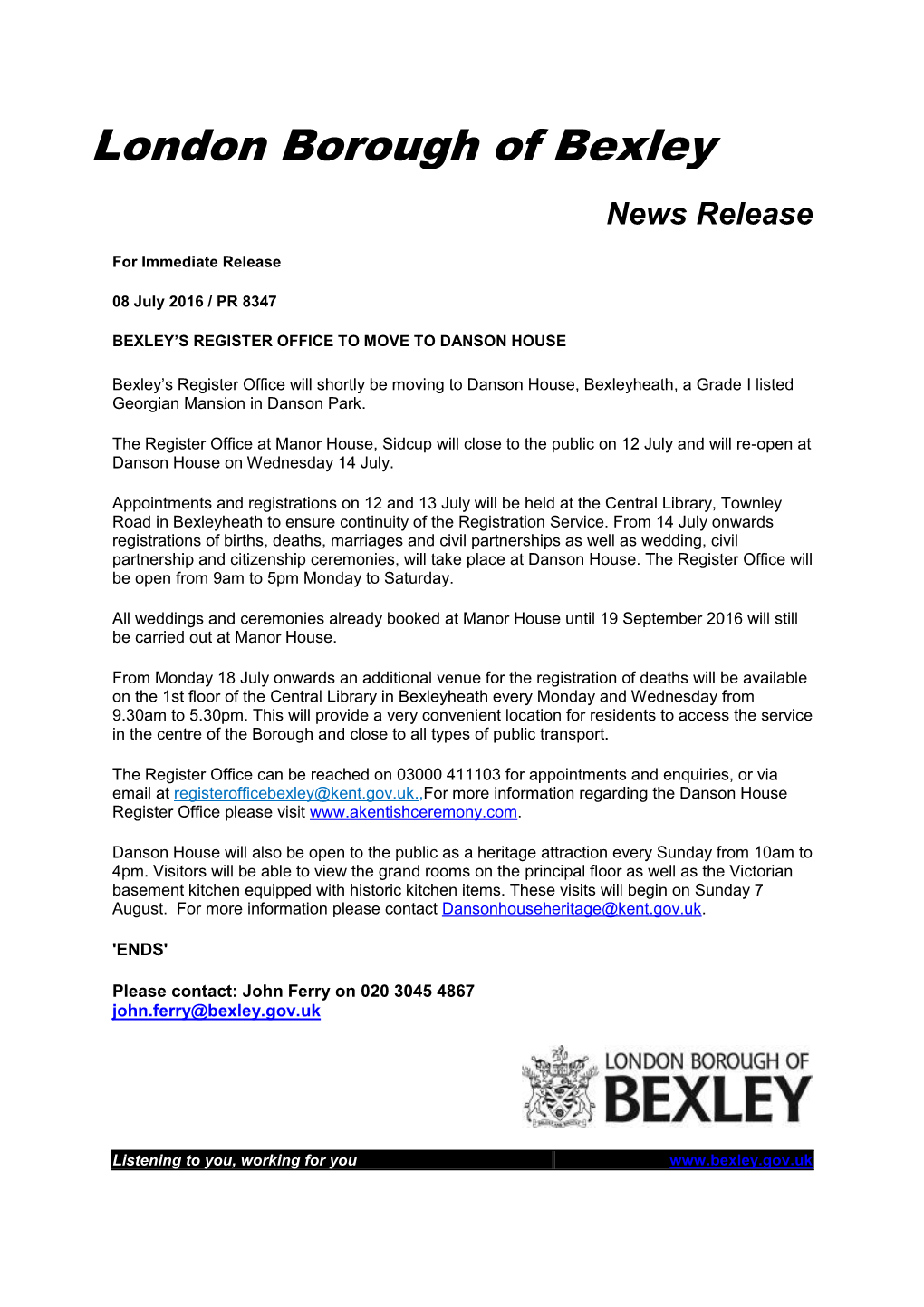 London Borough of Bexley News Release