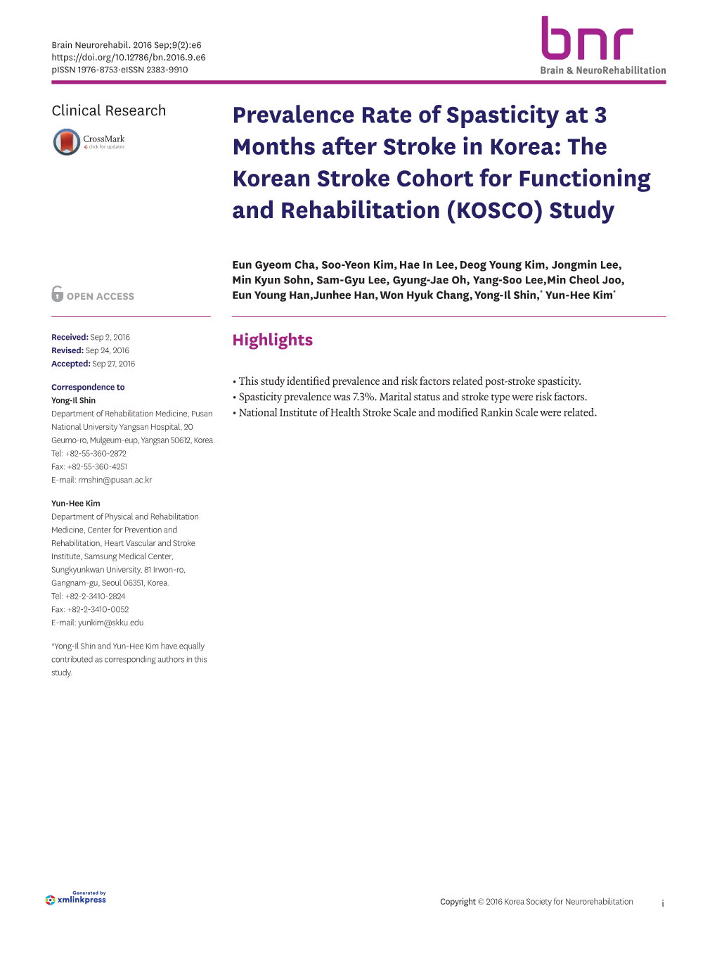 Prevalence Rate of Spasticity at 3 Months After Stroke in Korea: the Korean Stroke Cohort for Functioning and Rehabilitation (KOSCO) Study