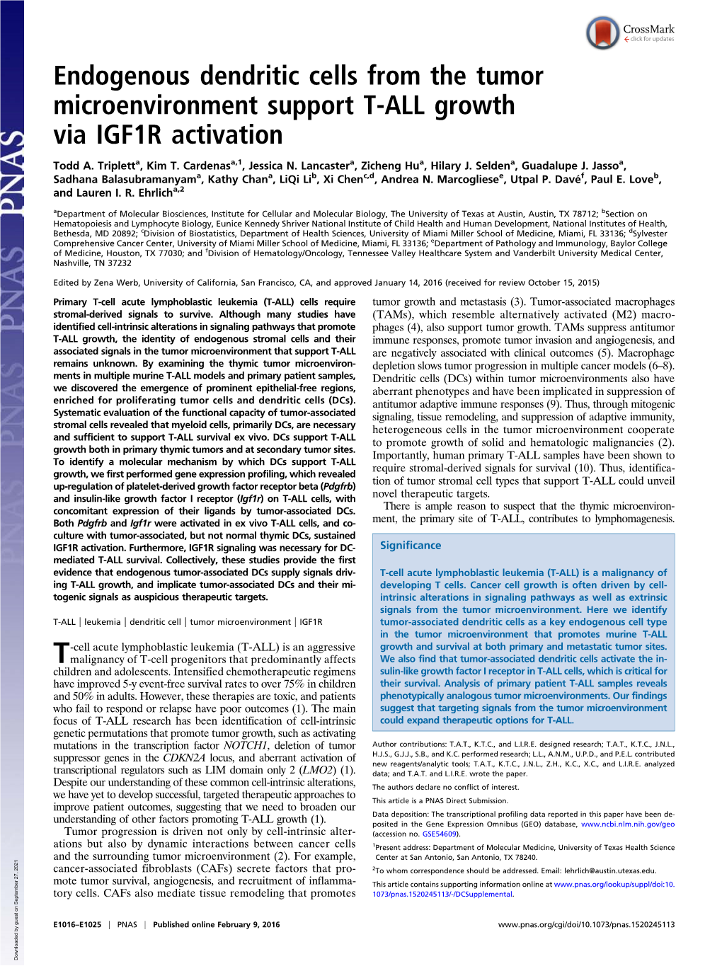 Endogenous Dendritic Cells from the Tumor Microenvironment Support T-ALL Growth Via IGF1R Activation