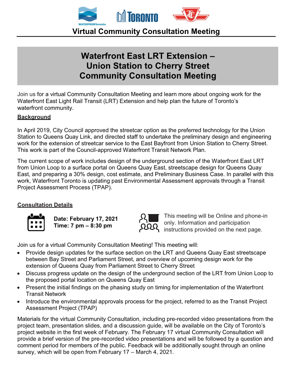 Waterfront East LRT Extension – Union Station to Cherry Street Community Consultation Meeting